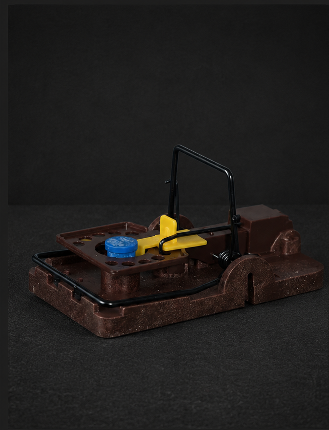 Plastic mousetrap on a brown base with a yellow trigger and blue cap, set on a dark surface.