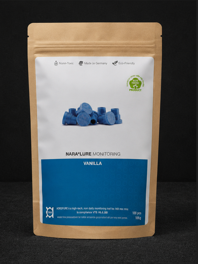 Kraft stand-up pouch with a white label showing blue pills; vanilla-flavored product by NARA*LURE Monitoring.