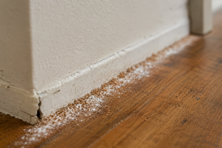 White powdery dust along the baseboard and hardwood floor near a corner of the room