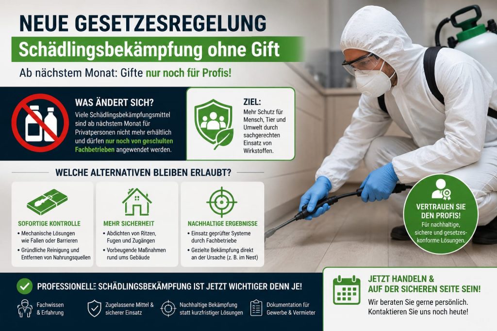 Infografik über die neue Gesetzesregelung zur Schädlingsbekämpfung ohne Gift; betont den Einsatz durch Profis.